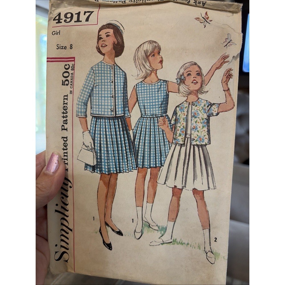 VTG 60s SIMPLICITY 4917 Girls Dress Pleated Skirt & Jacket Sewing PATTERN 8 Cut